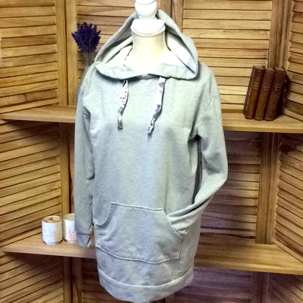 M/L Womens Flirtitude Extra Long Grey Pullover Hoodie with Satin Pulls